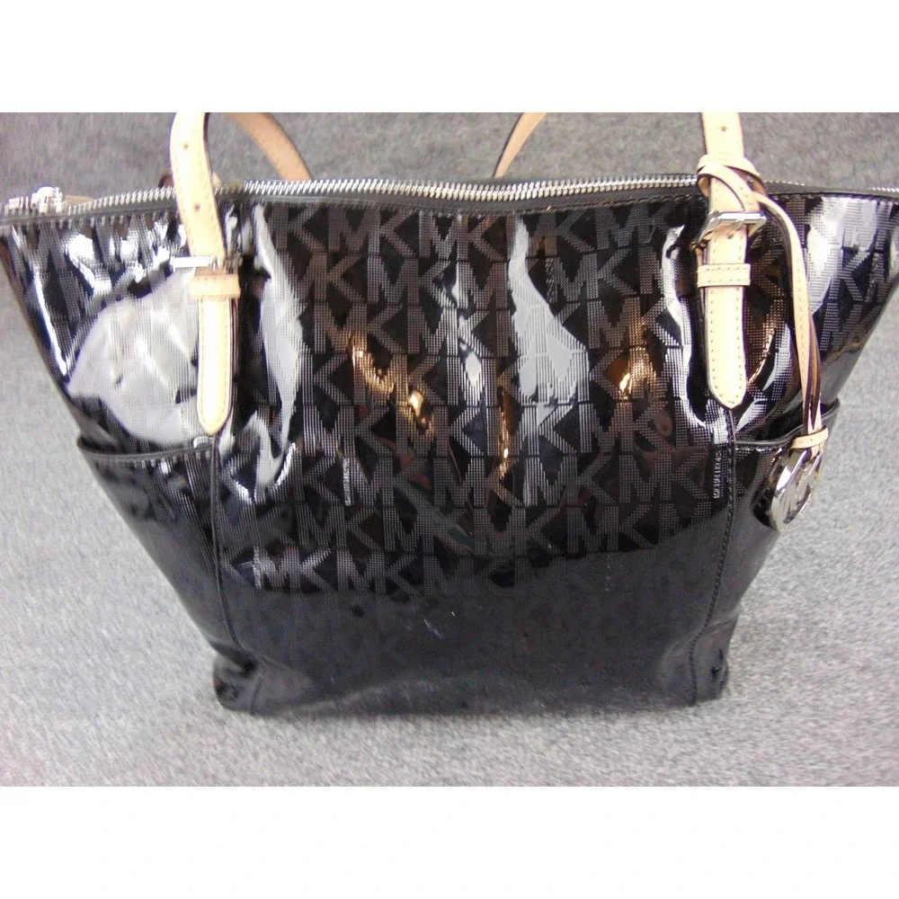Michael Kors Jet Set Travel Tote Black Patent MK‎ Logo Monogram Bag 35S6MTTT8Z